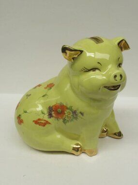 Vintage Regal China Yellow POPPY PIG 6 1/2 Inch High Piggy Bank, Gold Trim